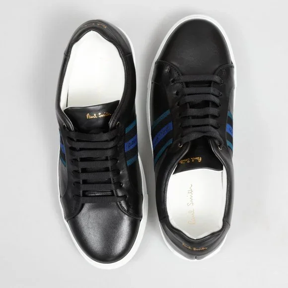 NWT Paul Smith Basso Black Leather Green & Blue Stripe Sneaker